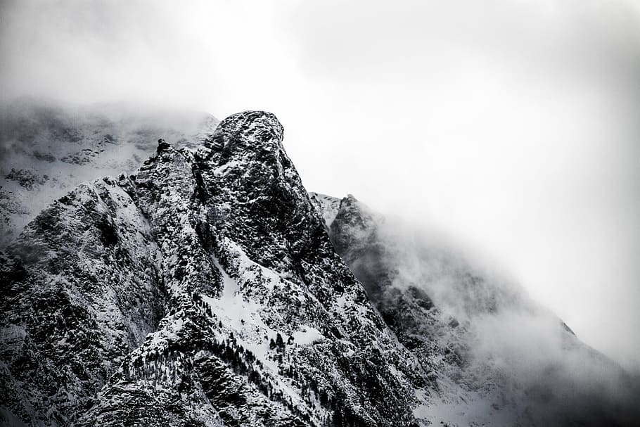 grayscale photography, mountain, snow, snow capped, fog, foggy, mountain landscape, rock, top, winter