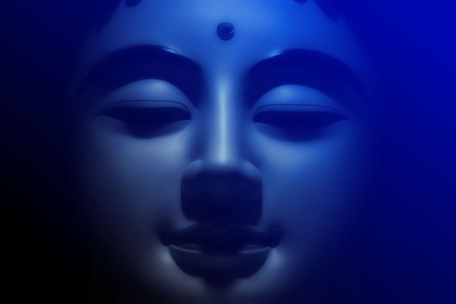 buddha, blue, face, calm, background, human body part, human face, dark, body part, close-up