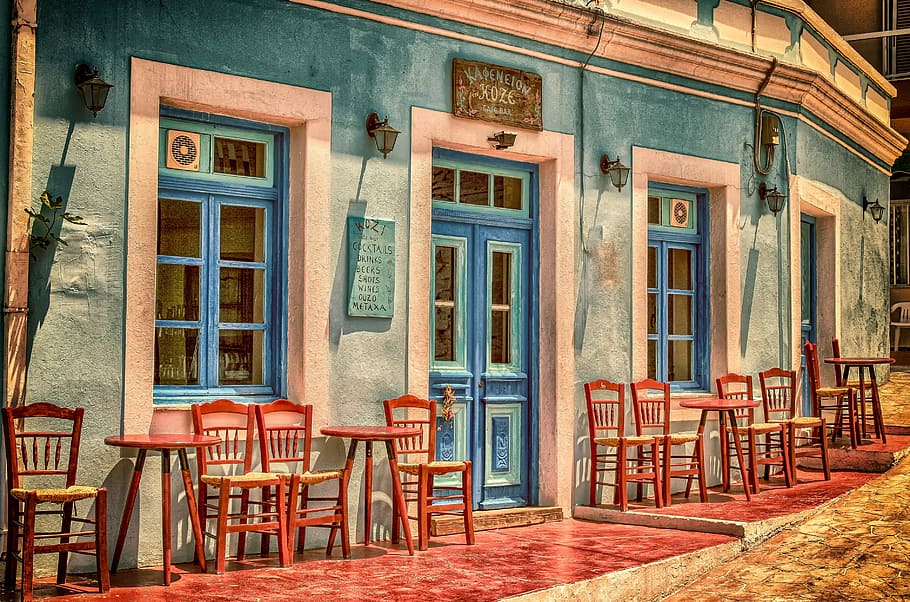 赤, テーブル, 椅子, 昼間, カフェ, 建築, 旅行, 建物, ギリシャ, ペロポネソス半島