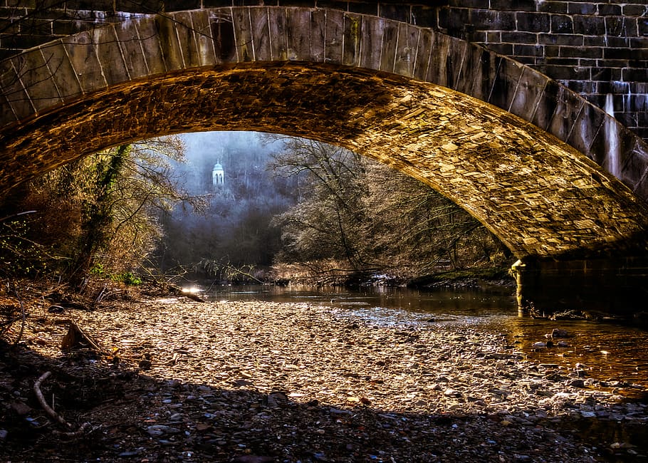 bridge, distance, white, concrete, building photo, river, nature, bank, riverbed, pebble