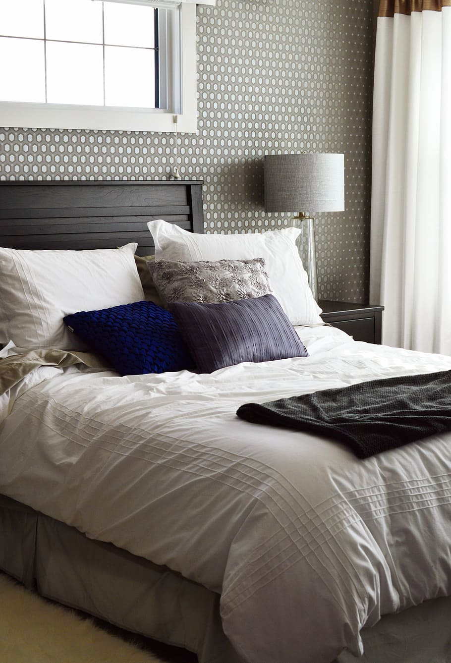 black, bed frame, white, comforter, set, bed, bedroom, home, house, pillows