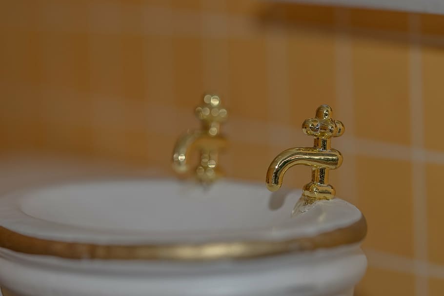 bathroom sink, faucet, toys, doll's house, detail, gold, golden, indoors, close-up, metal