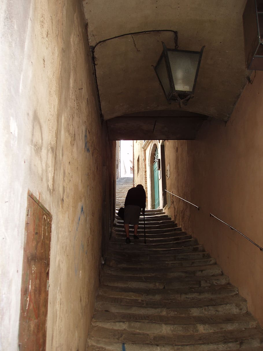 italy, cortona, stairs, senior citizen, architecture, built structure, one person, direction, staircase, real people