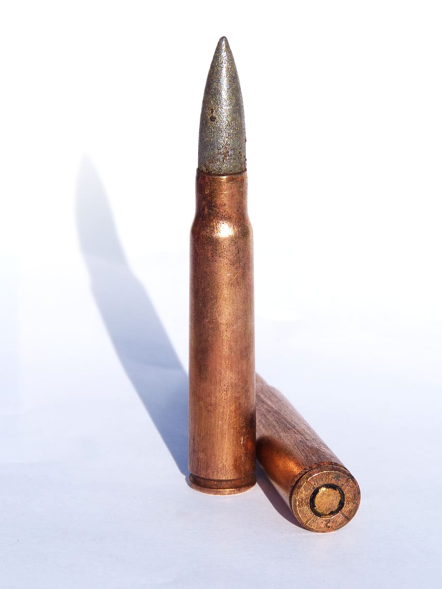 brass bullet, bullet, projectile, old, civil war, mauser, weapon, ammunition, white background, warning sign