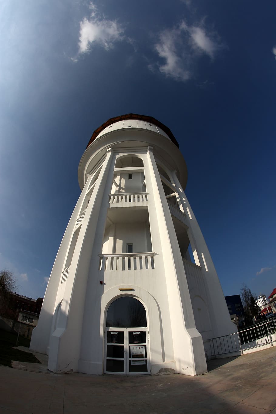 tower, white, tall, fisheye, built structure, architecture, building exterior, sky, building, cloud - sky