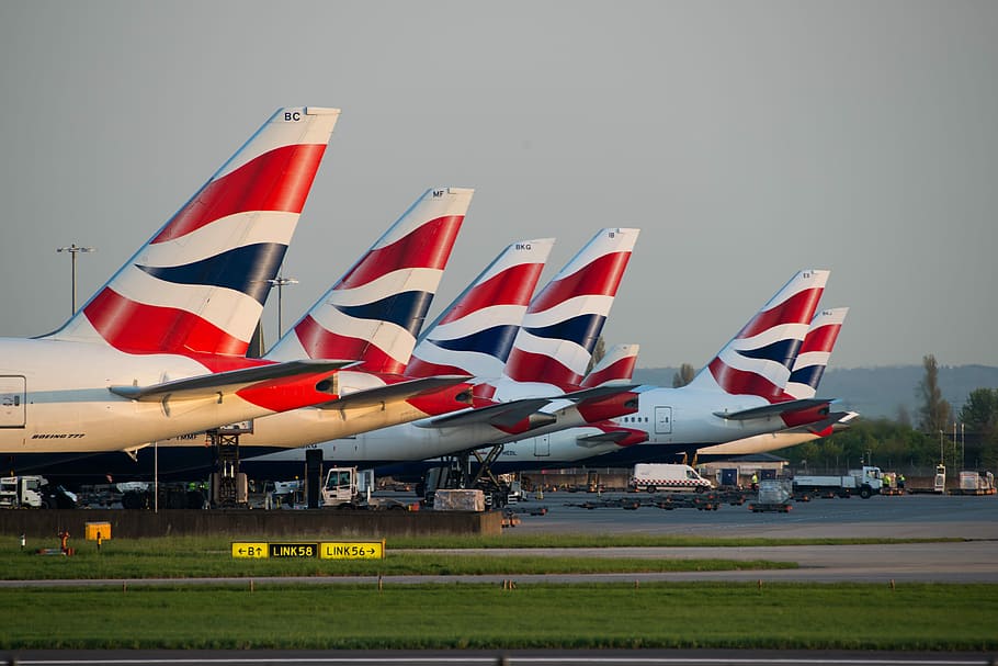 vermelho, branco, aviões, vias aéreas britânicas, Speedbird, Britishairways, Boeing, Heathrow, aeroporto, aviação