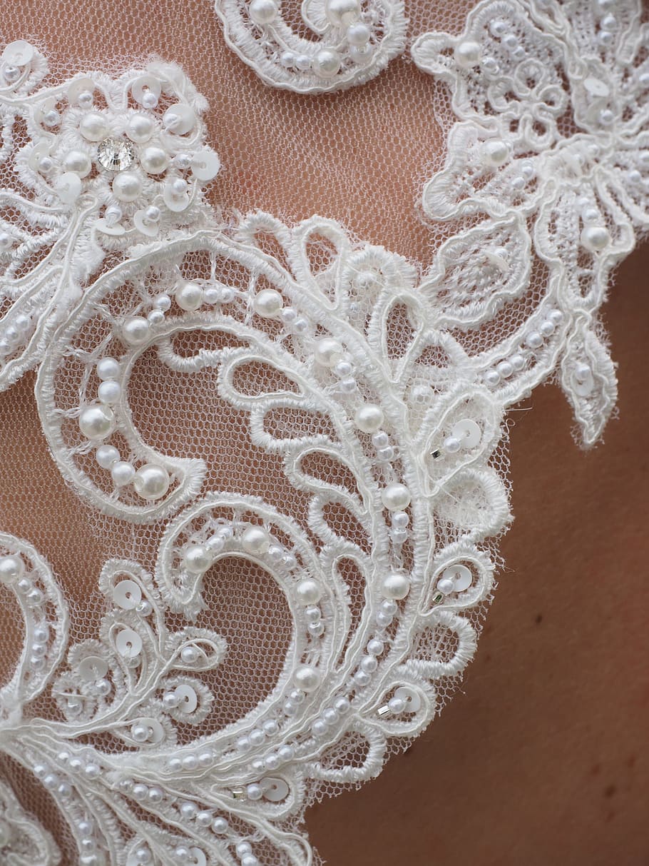 white crochet textile, wedding dress, fabric, great, beads, noble, beautiful, white, lace fabric, dress