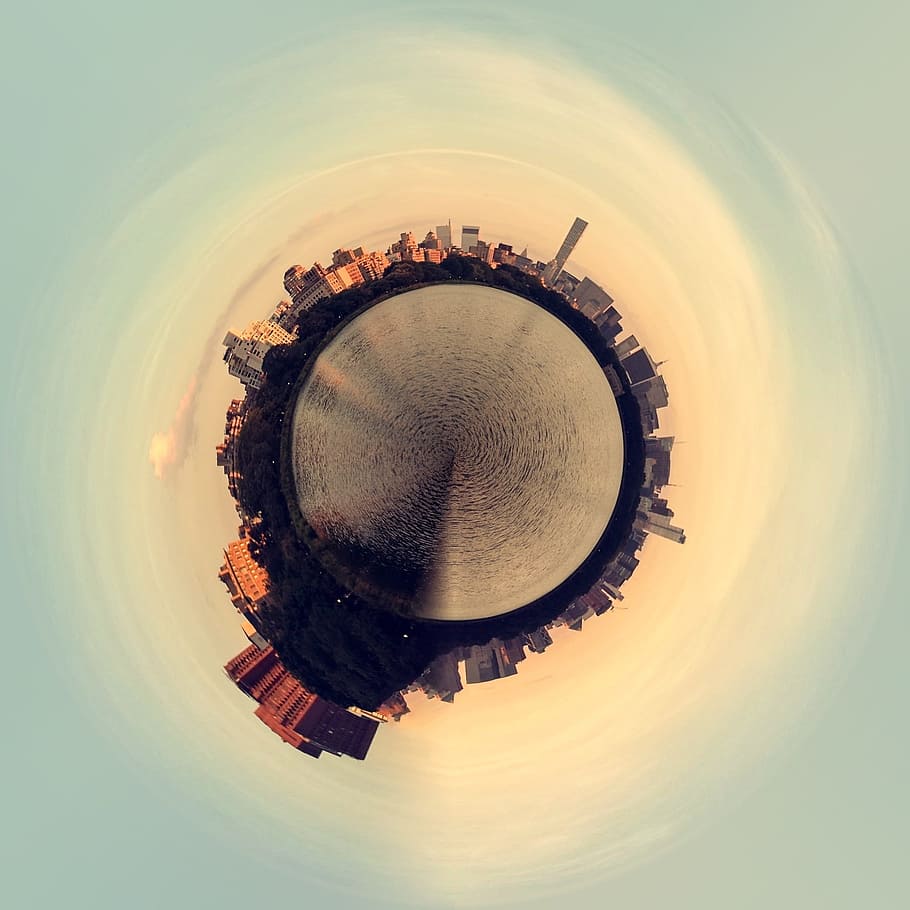 photography, around, world illustration, planet floating, planet, island, earth, sky, city, people