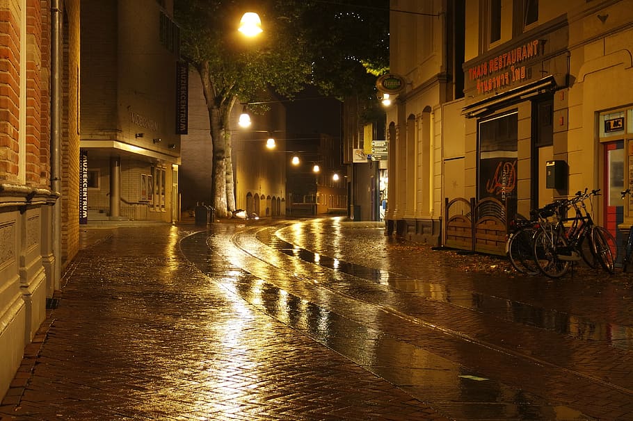 wet, road, concrete, buildings, wet street, night, reflections, light, rain, moisture