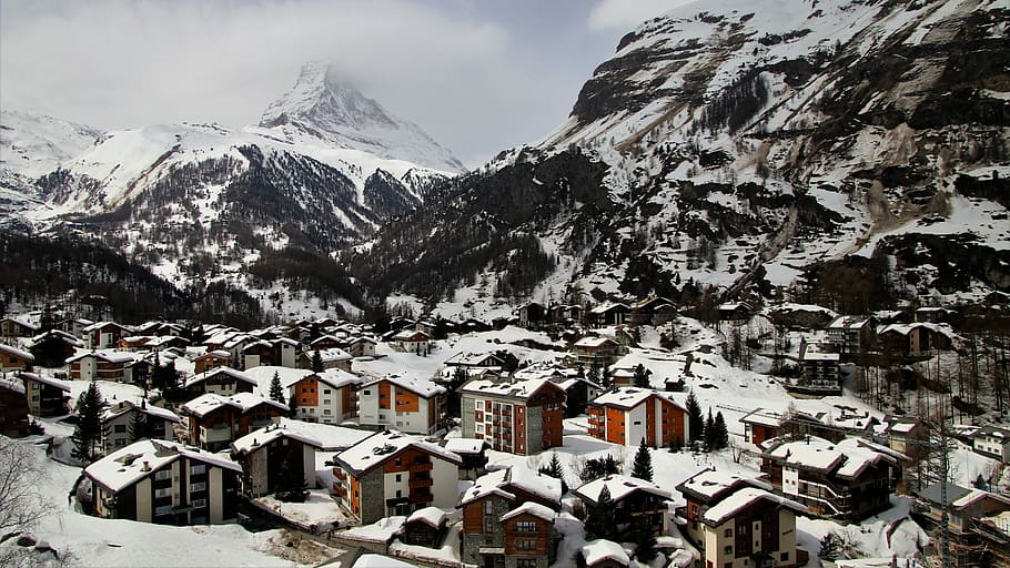 houses near mountain, zermatt, switzerland, snow, winter, mountain, nature, travel, matterhorn, landscape