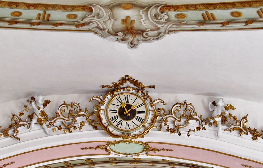clock, church room, art, st, nicholas church, pfronten, close-up, time, gold colored, indoors
