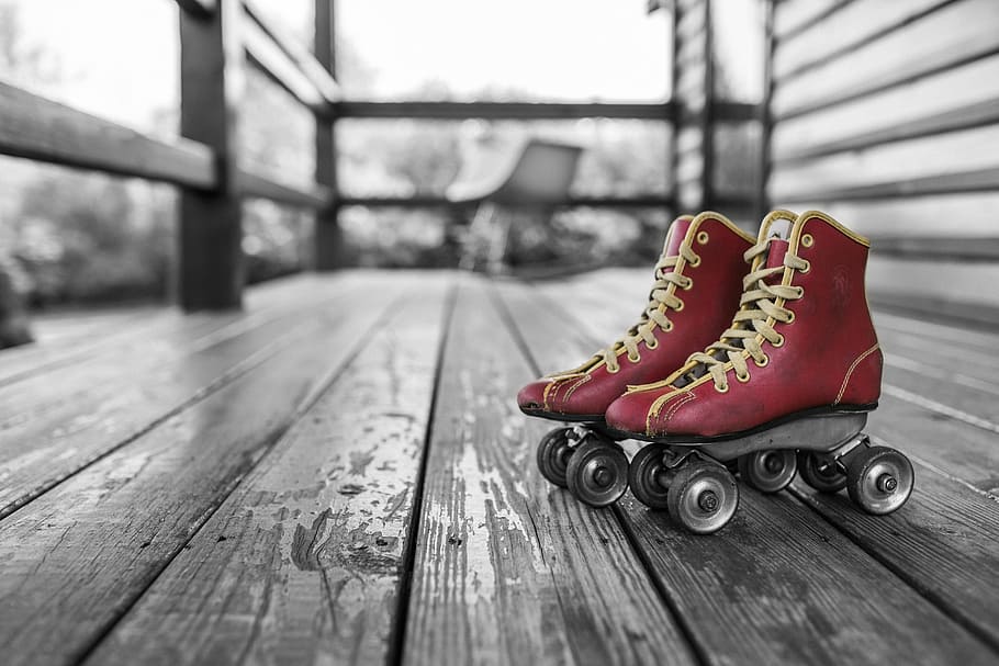 selective, color photography, pair, red, roller skates, rollerblades, roll skates, roller-skates, fun, sports