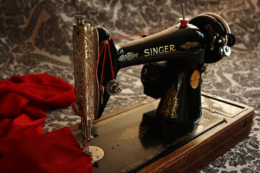 black, gray, single, sewing machine, red, textile, antique, vintage, old-fashioned, close-up