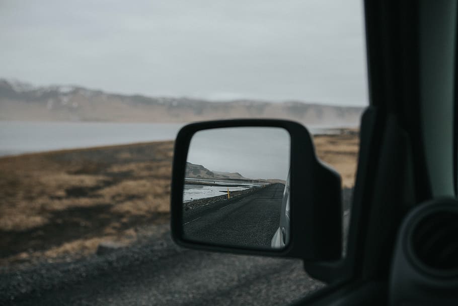 carro, esquerda, espelho lateral, mostrando, preto, estrada, lado, espelho, veículo, desfoque