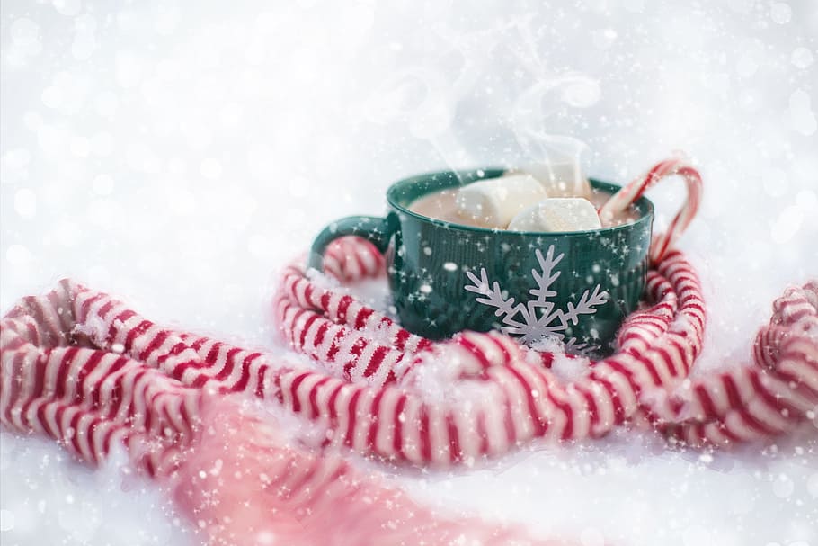 brown, liquid, ceramic, mug, hot chocolate, snow, scarf, christmas, hot, drink