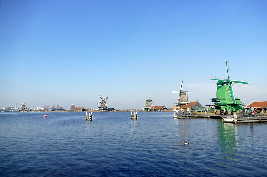 green, brown, windmills, blue, sky, daytime, mill, water, river, history