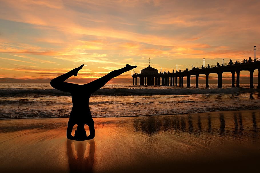 beach, Headstand, Yoga, On The Beach, yoga on the beach, sunset beach, orange sky, sunrise, sea, ocean