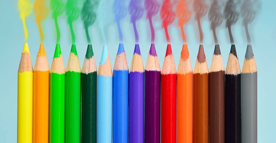 各種色鉛筆, ペン, 煙, カラフル, イエロー, オレンジ, ブルー, グリーン, パープル, バイオレット