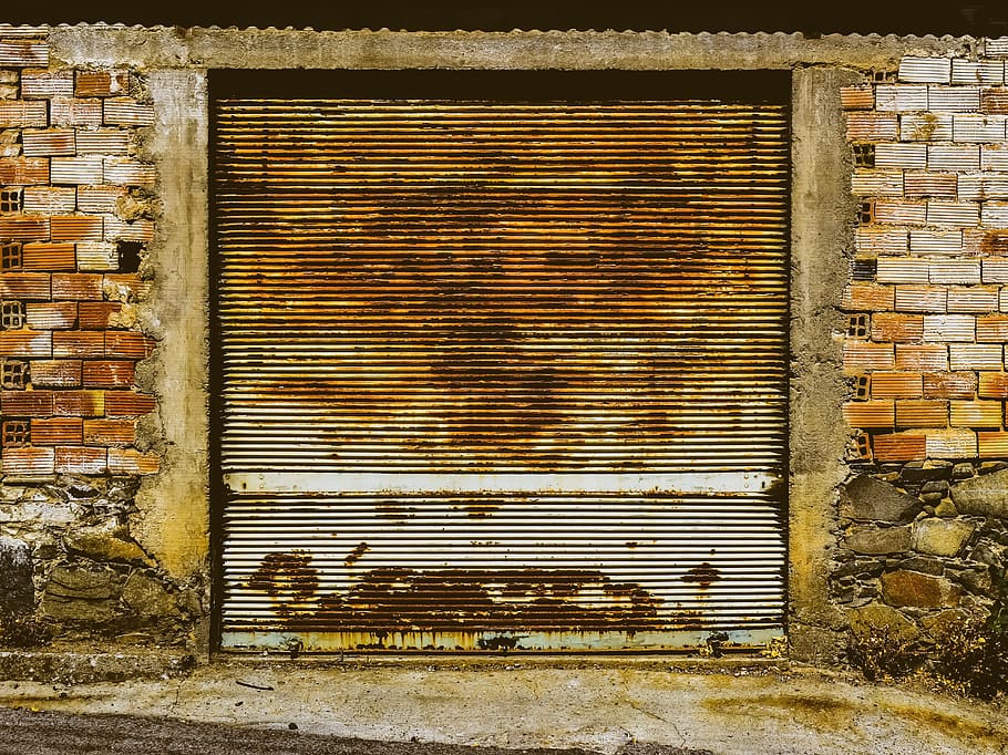 puerta, metálico, pared, oxidado, envejecido, resistido, decadencia, ladrillo, pared de ladrillo, cerrado