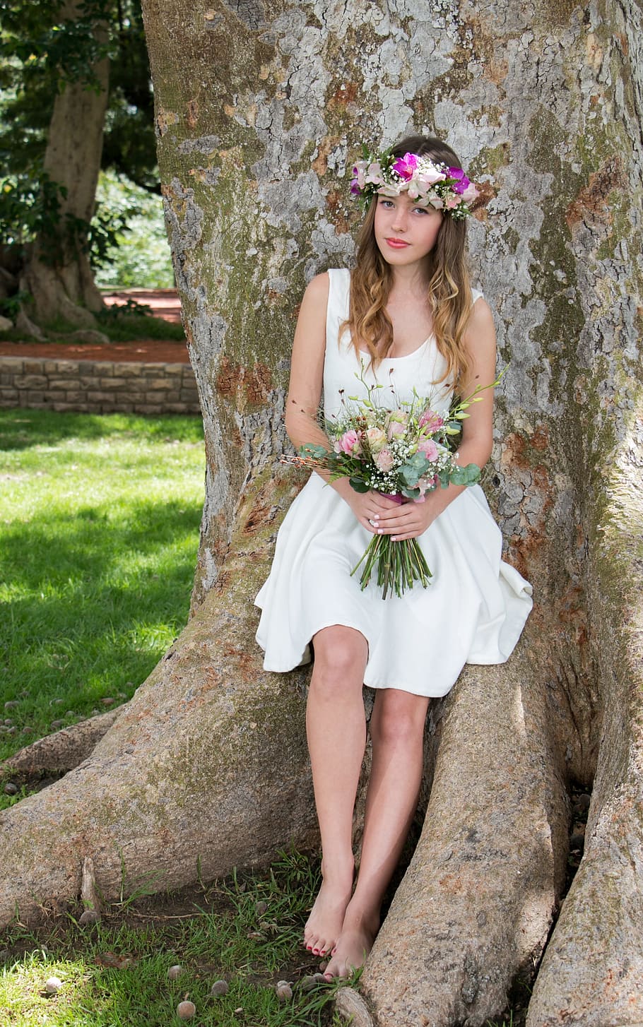 woman, white, sleeveless dress, posing, teenager, flowers, floral, nature, tree, girl