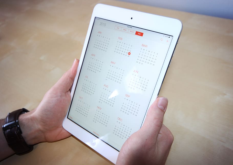 ipad, tablet, calendar, desk, business, technology, human hand, hand, human body part, holding