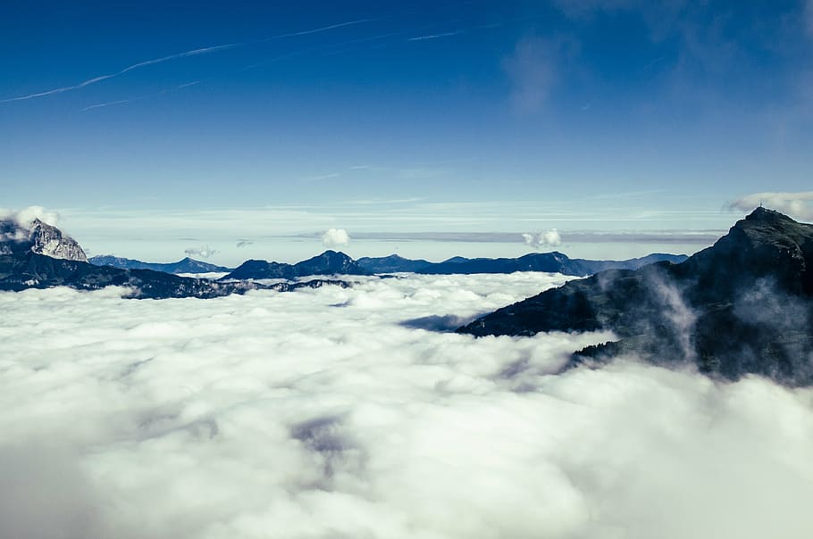 sea of clouds, mountain, peaks, covered, clouds, daytime, blue, sky, mountains, summit