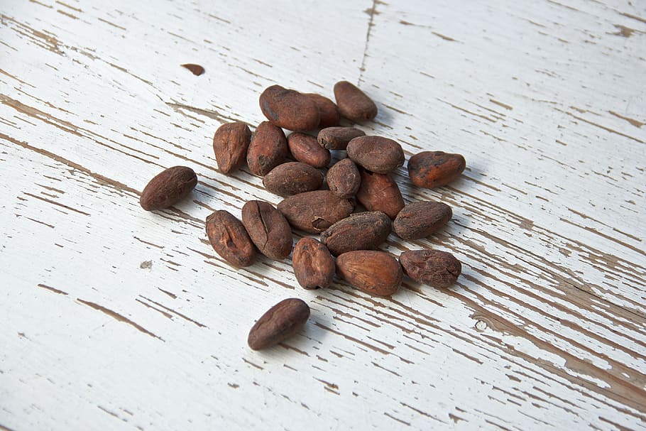 brown, nuts, table, top, cocoa bean, black, food, healthy, wood, eat