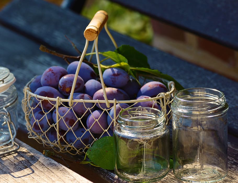 purple, grape fruits, basket, plums, glasses, einweckglaeser, plum purée, plum jam, harvest, boil down