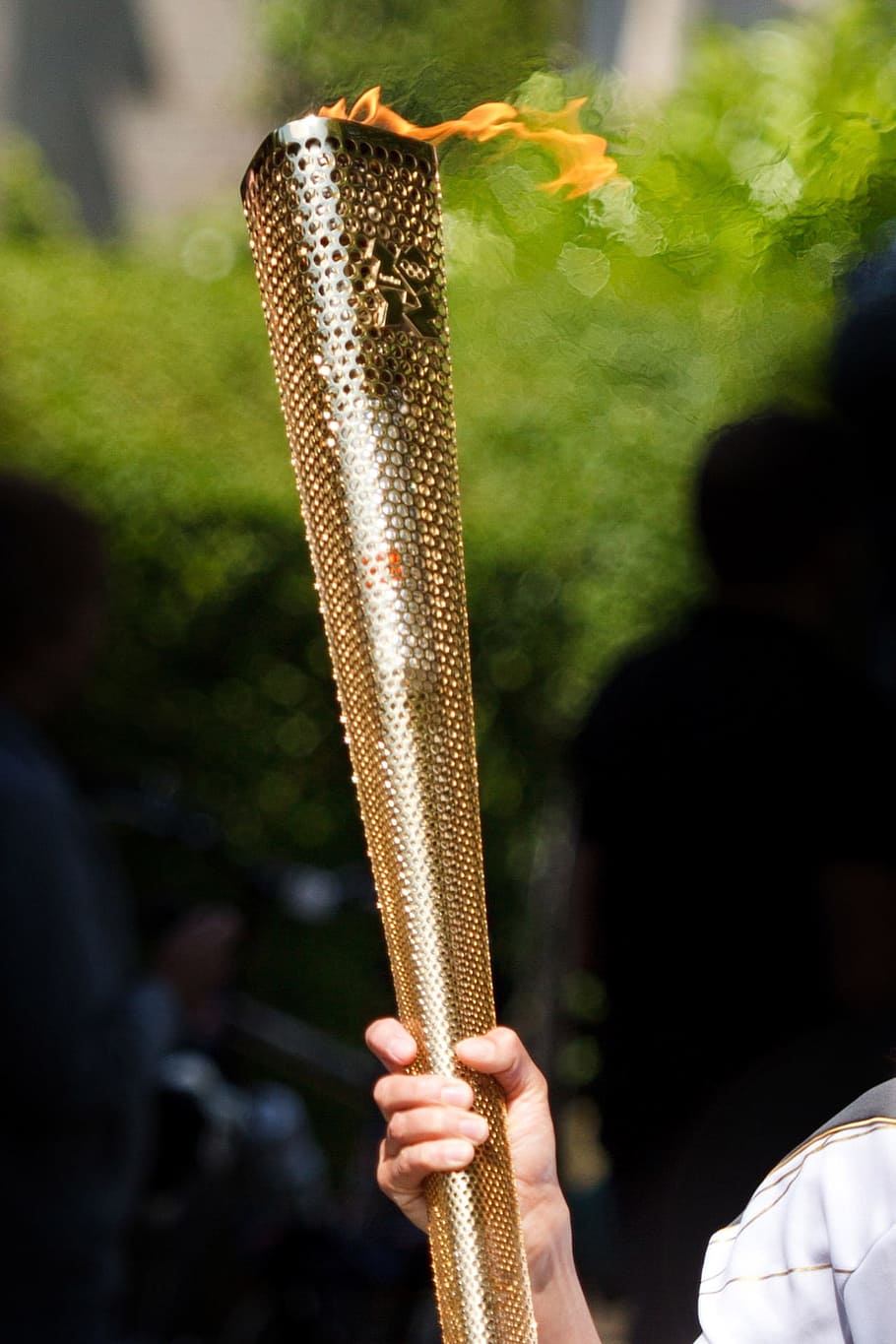 person, holding, brass-colored torch, daytime, carry, fire, flame, gold, light, olympic games