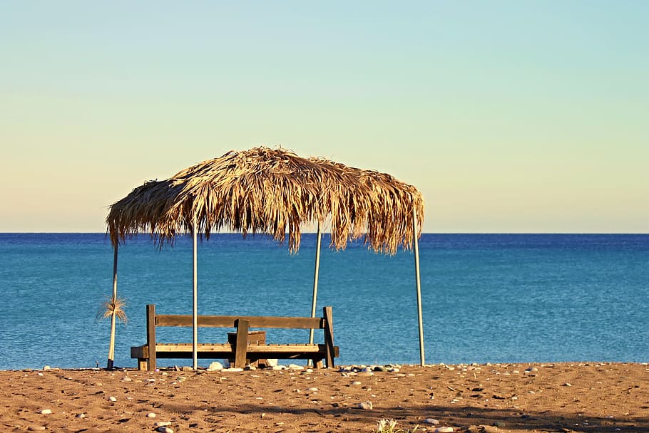 black, wooden, bench, beach, sea, bank, palm leaf, mediterranean, summer, water