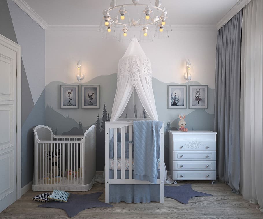 baby, white, wooden, crib, drawer chest, children, room newborn, the cradle, for baby, furniture