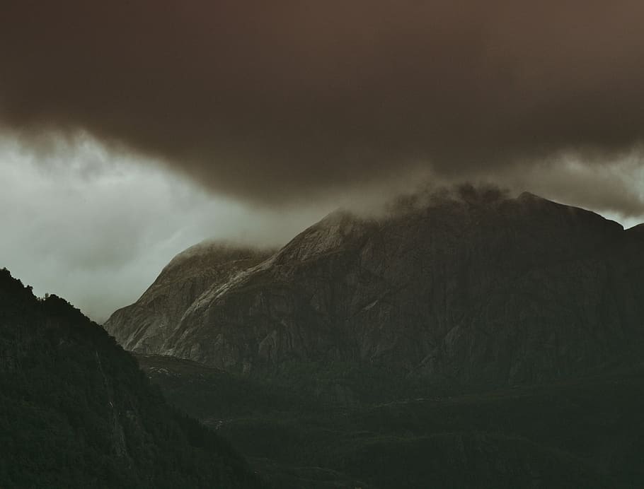 black, mountain, covered, clouds, landscape, dark, valley, highland, trees, nature