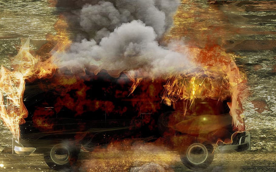 バス, ブランド, 火, 炎, 自動車, vw, 煙, 熱, 破壊行為, テロ