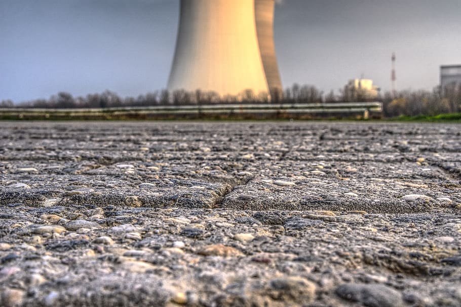 patch, close up, stones, away, bicycle path, road, nuclear power plant, cooling tower, power plant, energy