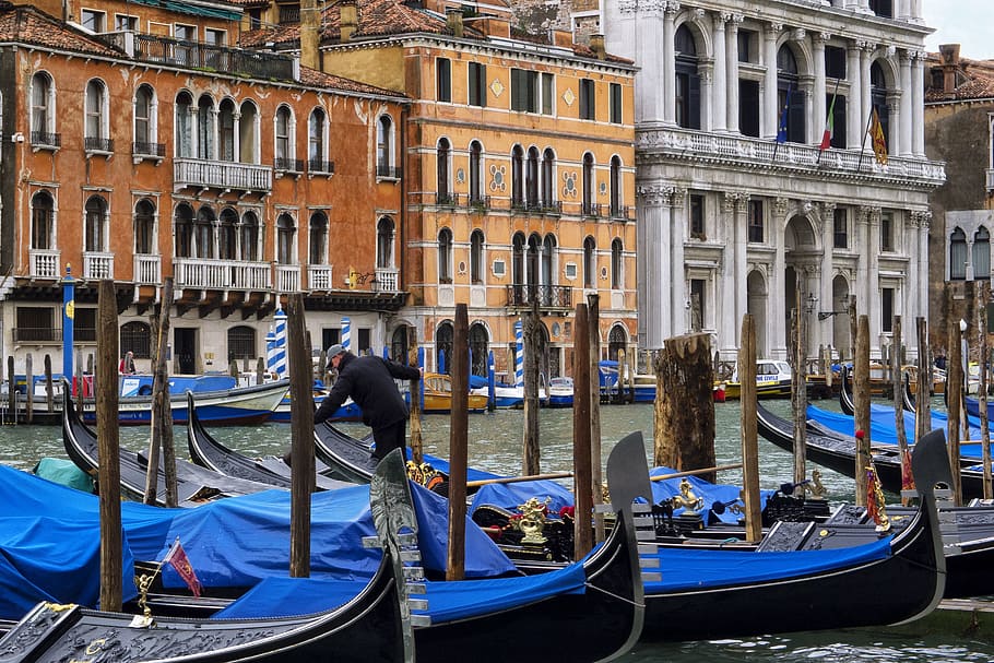 Venesia, Italia, Gondolas, Eropa, biru, barca, barquero, gondolier, saluran, bangunan