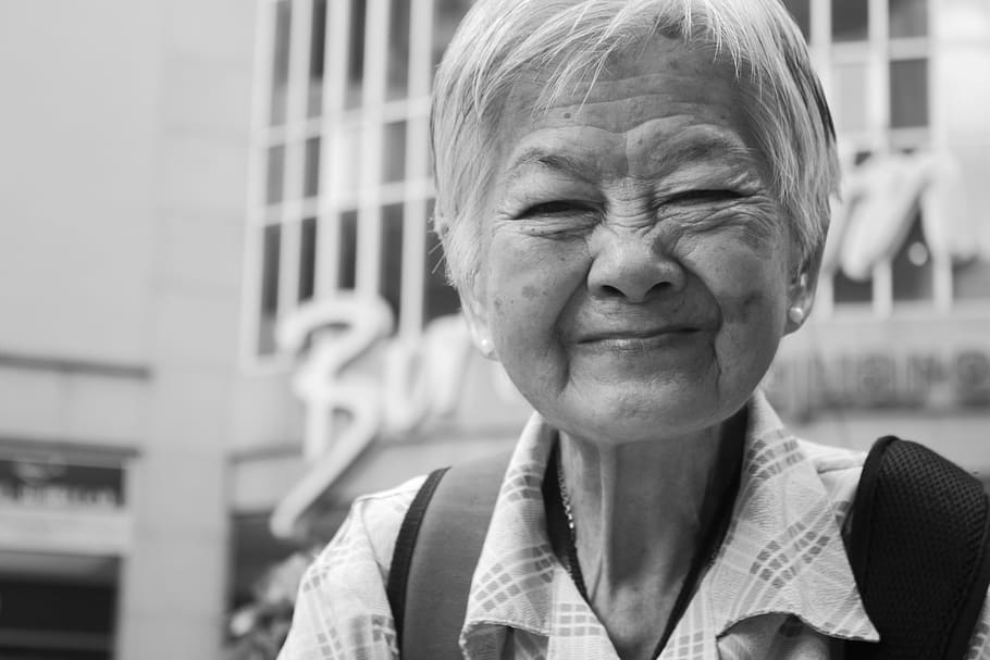woman, wearing, gray, plaid, collared, top, citizen, smile, people, old woman