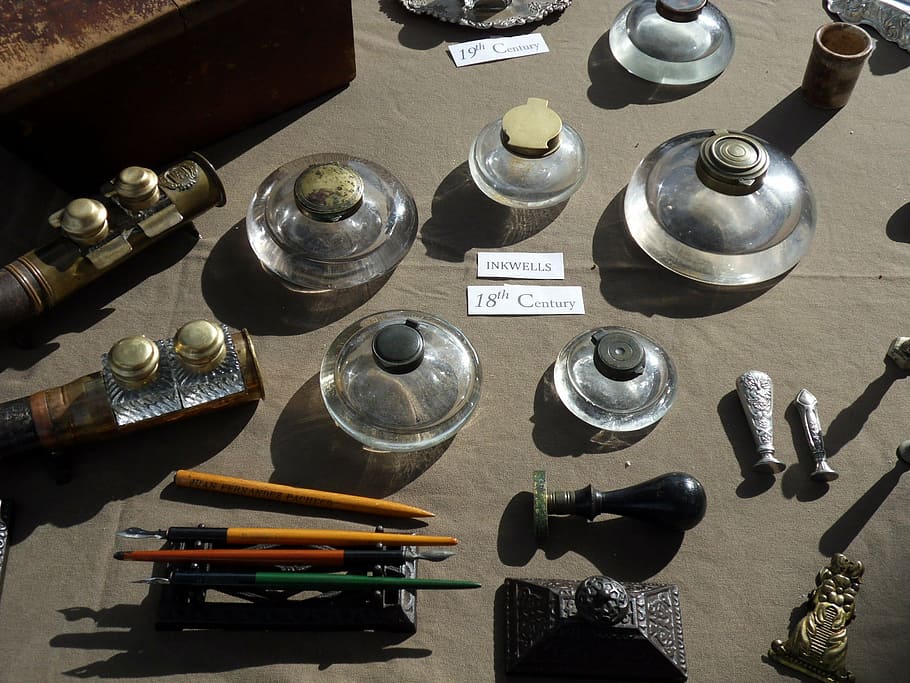 ink well, quills, writing equipment, quill pen, antique, old-fashioned, high angle view, still life, indoors, choice