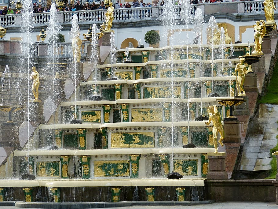 water fountain, gold statues, sankt petersburg, russia, st petersburg, tourism, historically, peterhof, palace, castle