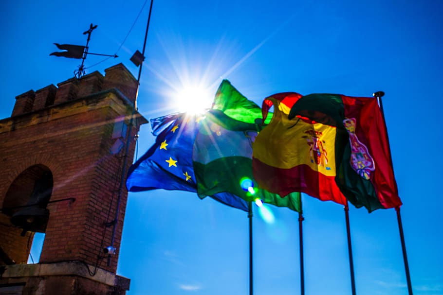flags, spain, eu, portugal, europe, spanish, waving, sun, flag, patriotism