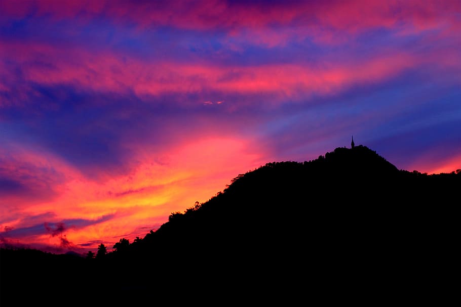 silhouette, mountain, blue, orange, skies, orange skies, sunset, gampola, landscape, wilderness