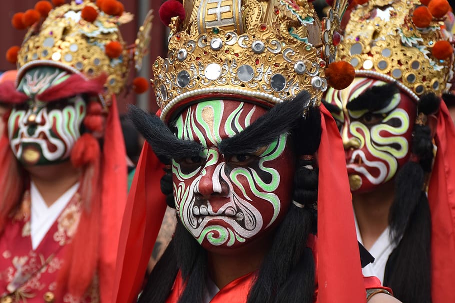 マスク, 衣装, 装飾, お祝い, お祭り, 伝統的な仏教, 寺院, パレード, 台湾, 台中