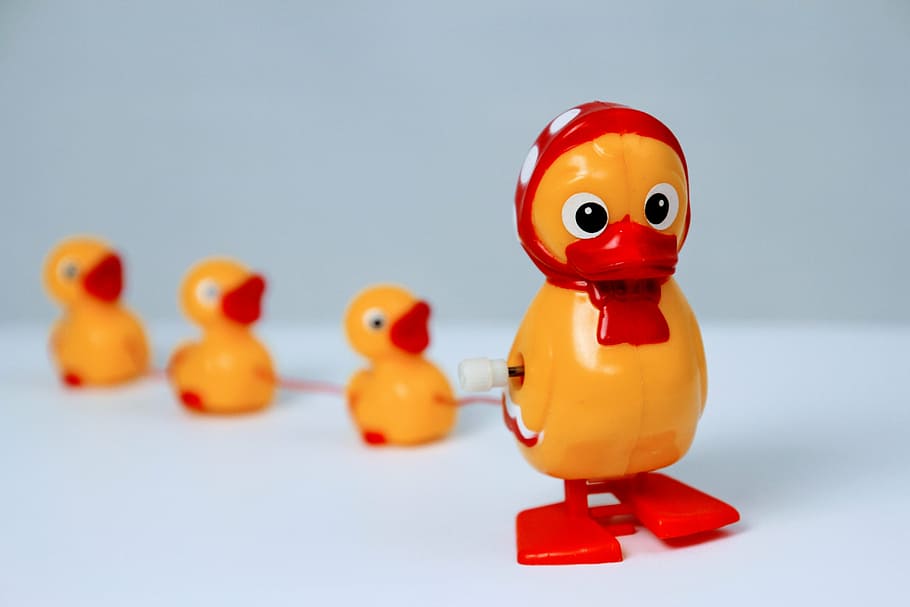 yellow, red, plastic duck, 3 ducklings plastic toy, white, surface, duck, toys, lucky duck, yellow duck