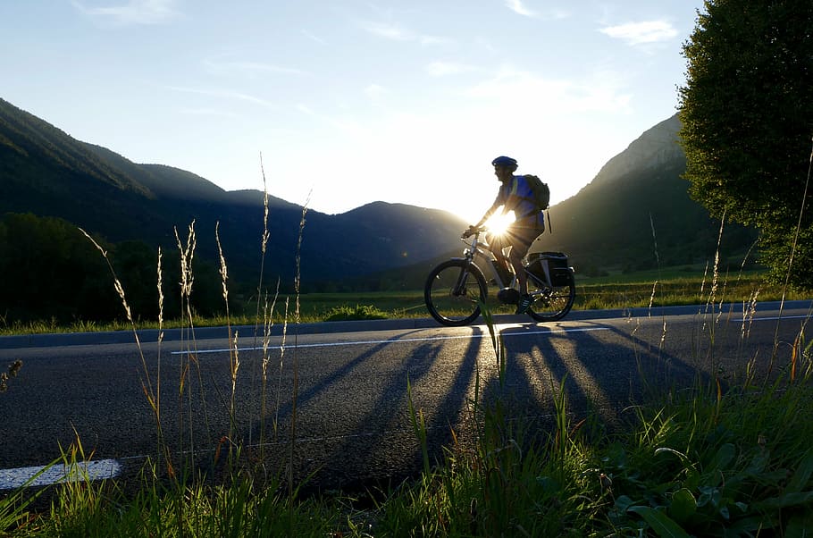 man on bicycle, bike, electric, setting, sun, cycling, bicycle, sport, outdoors, nature