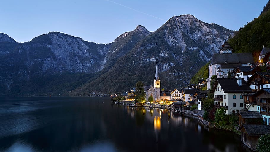 hallstatt, church, lake, austria, mountain, architecture, water, built structure, building, building exterior