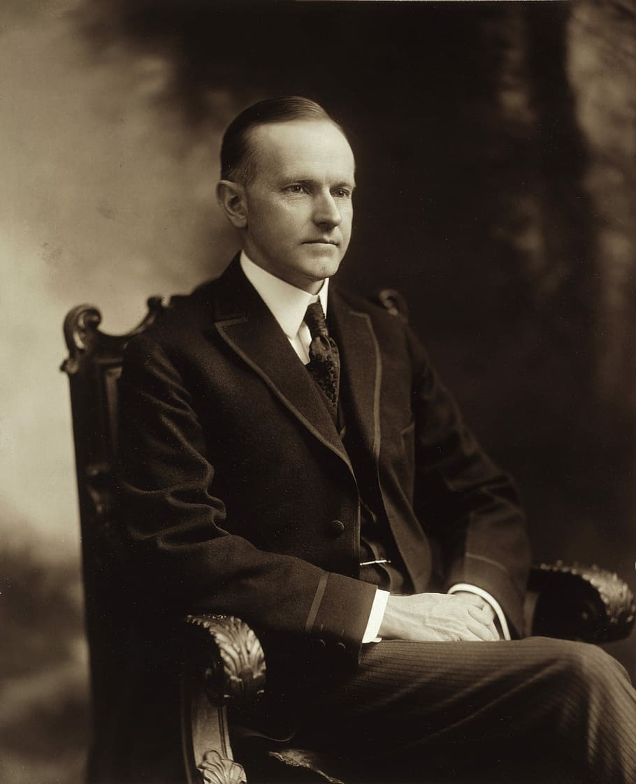 Retrato de Calvin Coolidge, Calvin Coolidge, Retrato, foto, presidente, dominio público, personas, hombres, blanco y negro, conceptos e ideas