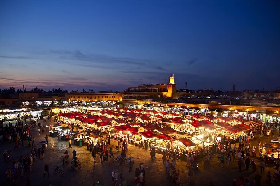 vista de mercado nocturno, marruecos, oriental, marrakech, oriente, arquitectura, árabe, adorno, norte de áfrica, marroquí