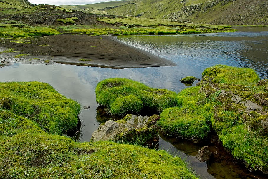 aerial, photography, river, rocks, moss, Iceland, Eldgjà, Volcano, Lake, Foam, volcano