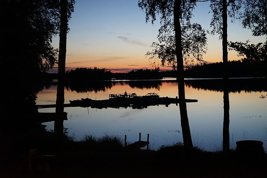 sunset, sweden, boats, evening sky, waldsee, sun, still, evening, orange, mood