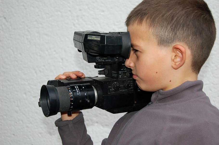 camera, filming, video camera, vintage, retro, video, boy, young cameraman, old camera, technology
