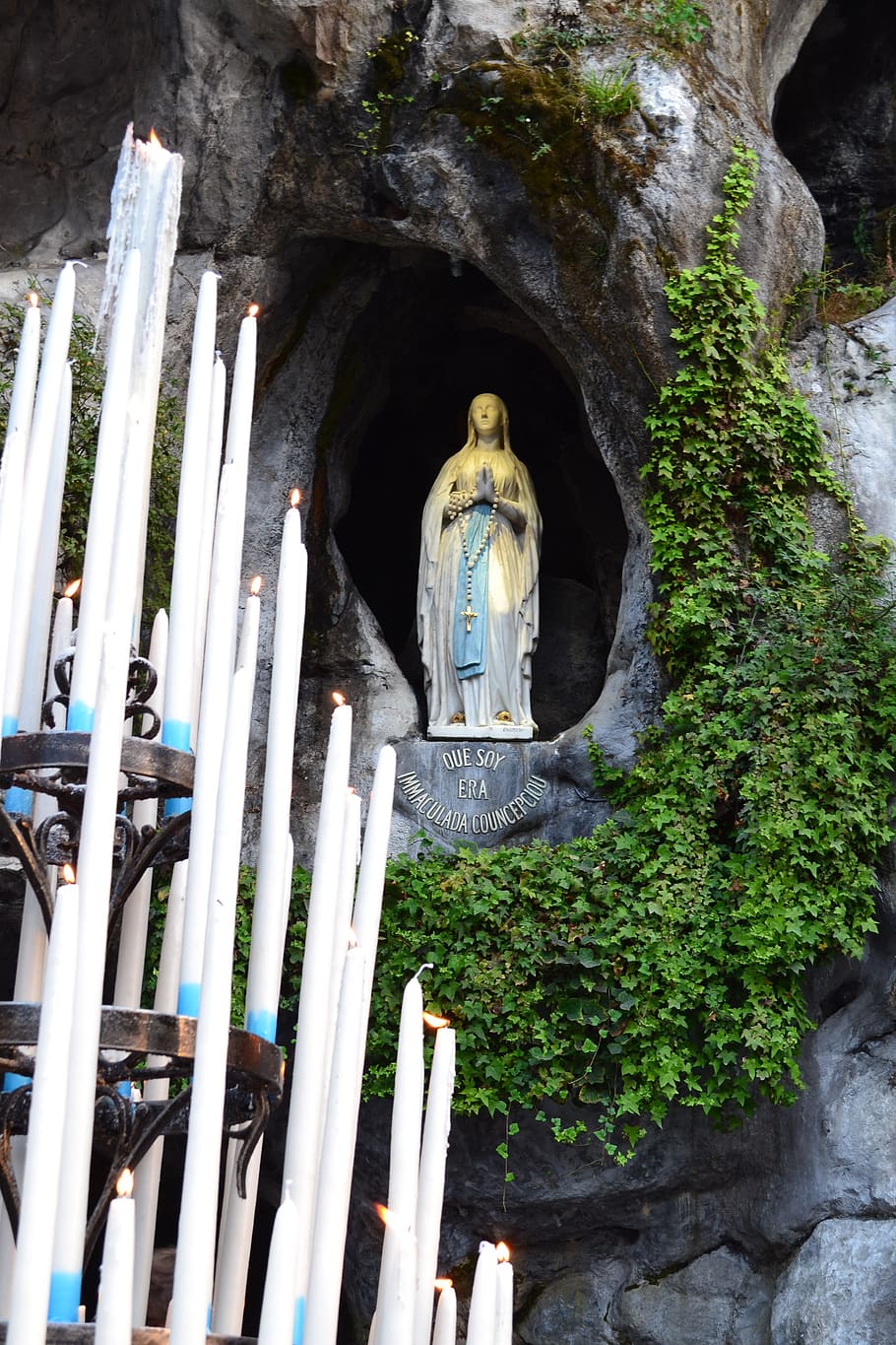 cave, heavy, massabielle, virgin, mary, statue, candles, appearance, catholicism, religion
